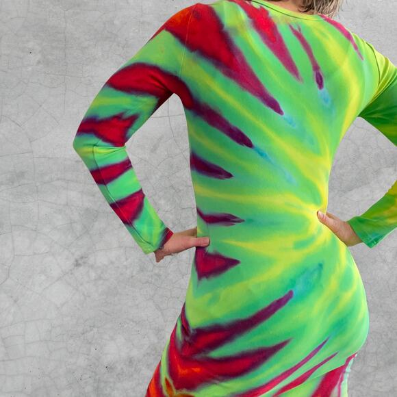 Ice Dyed Long-sleeve Dress - Tie Dye Hippie Boho Drippy Rainbow (Women's Medium) - Picture 5 of 10